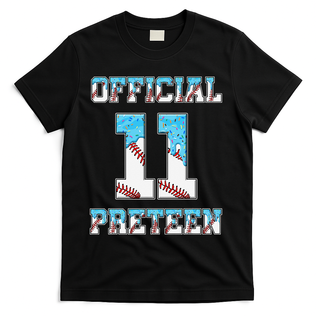 11th Birthday Baseball Drip Preteen T-Shirt - Black