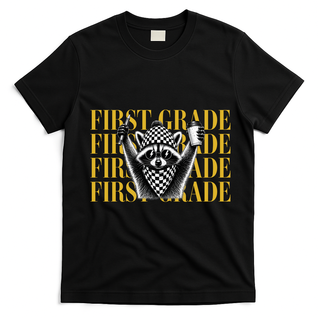 1st First Grade Raccoon Back To School T-Shirt - Black