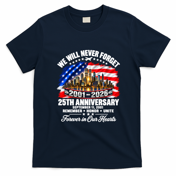 25th Anniversary September 11 2001 Memorial Day USA Flag T-Shirt - Navy Blue
