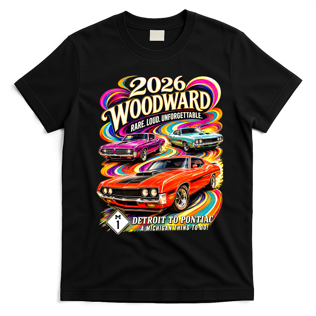 2026 Groovy Woodward Detroit To Pontiac Car Show T-Shirt - Black