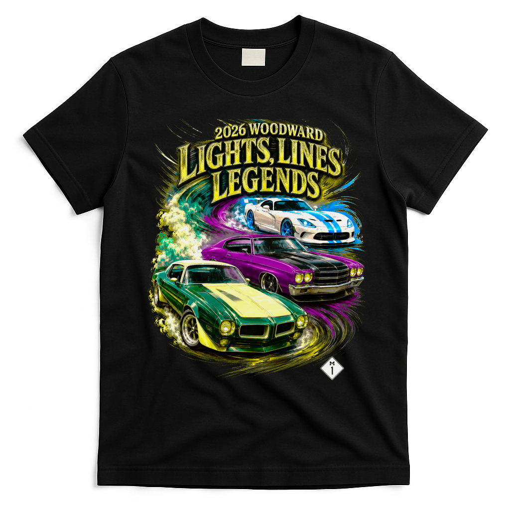 2026 Woodward Lights Lines Legends Cars Front & Back T-Shirt - Black