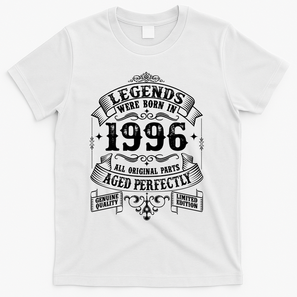 30th Birthday Vintage Scroll Border Legends Were Born Age Perfectly 1996 T-Shirt - White