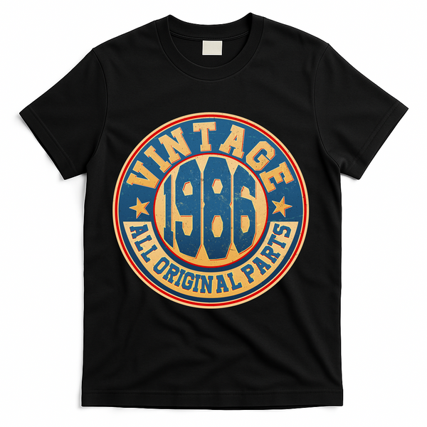 40th Birthday Vintage 1986 All Original Parts Shield Emblem T-Shirt - Black
