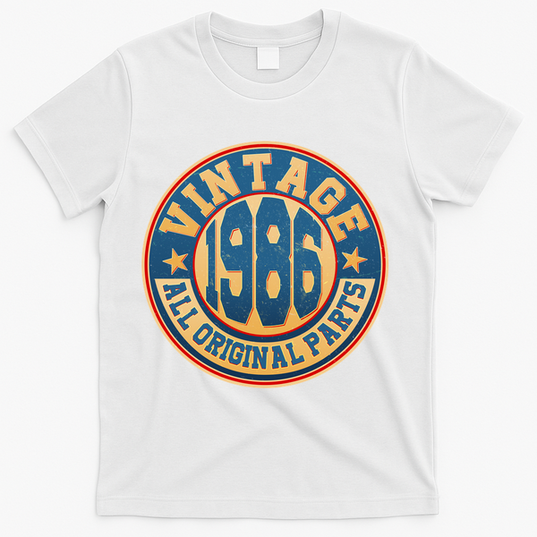 40th Birthday Vintage 1986 All Original Parts Shield Emblem T-Shirt - White