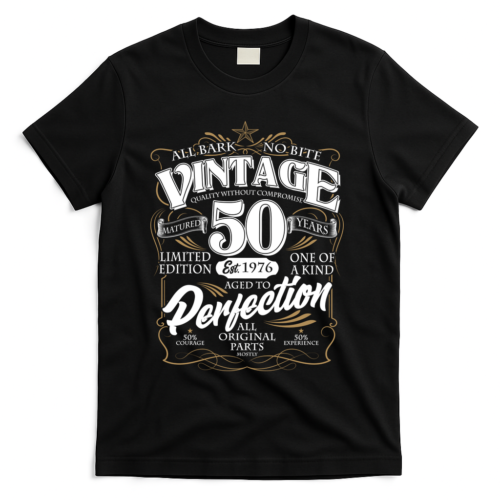 50th Birthday Est 1976 All Bark No Bite Vintage Birthday T-Shirt - Black