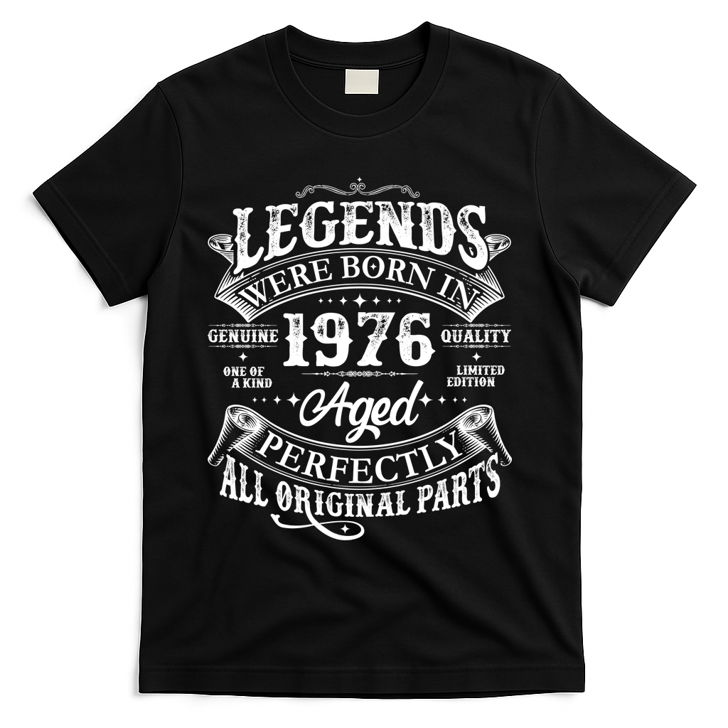 50th Birthday Legends Were Born In 1976 Age Perfectly Vintage Scroll T-Shirt - Black