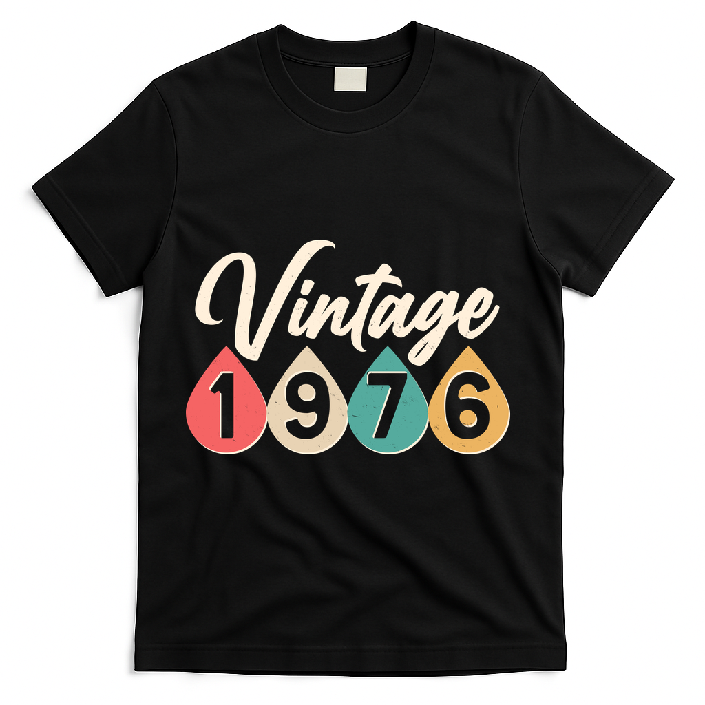 50th Birthday Vintage 1976 Retro Teardrop Design T-Shirt - Black