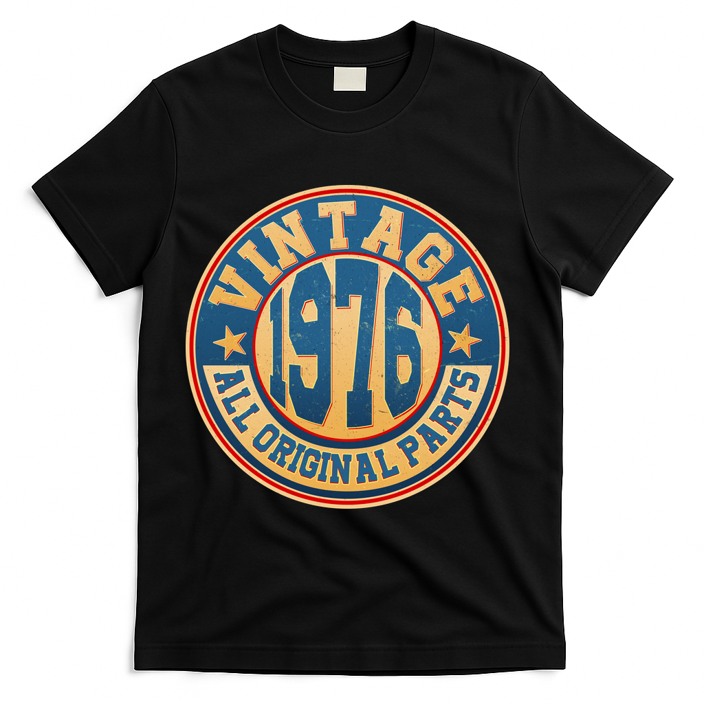 50th Birthday Vintage 1976 All Original Parts Shield Emblem T-Shirt - Black