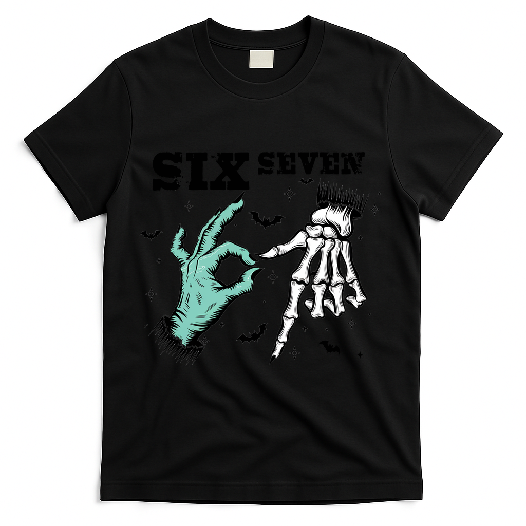 6 7 Meme Funny Witch Skeleton Hands 67 Halloween T-Shirt - Black