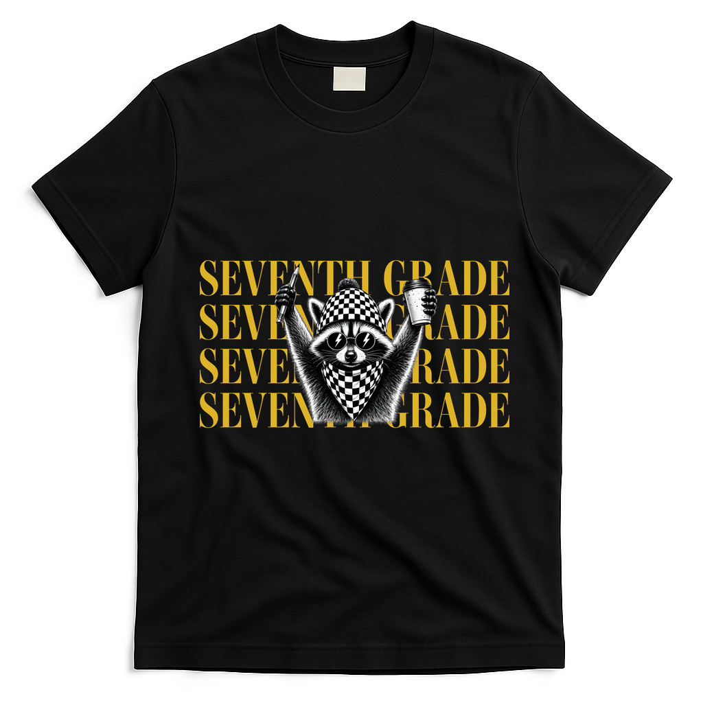 7th Seventh Grade Funny Raccoon Back To School T-Shirt - Black