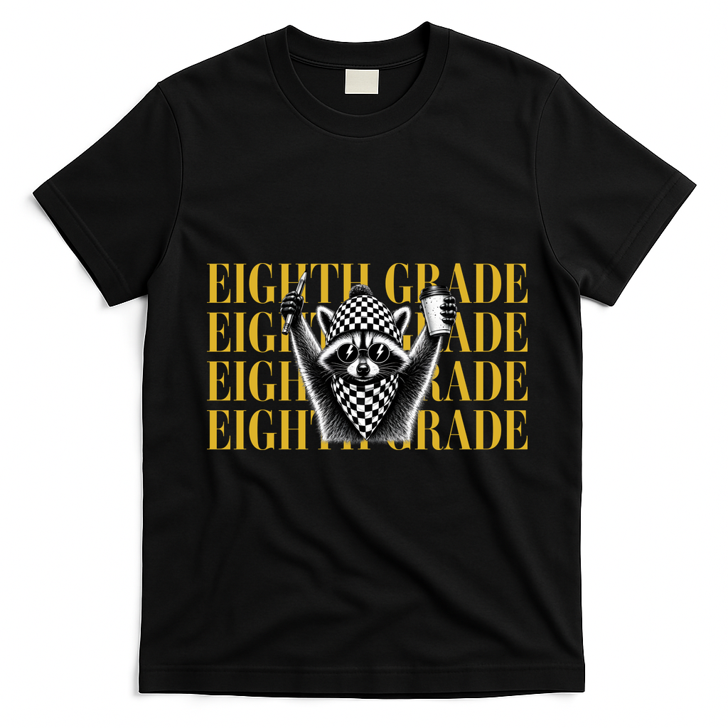 8th Eighth Grade Funny Raccoon Back To School T-Shirt - Black