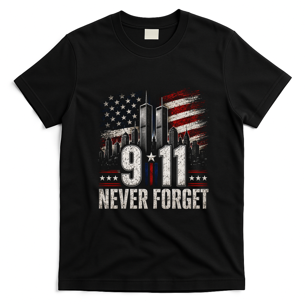 9/11 Never Forget American Flag Memorial Tribute 911 T-Shirt - Black
