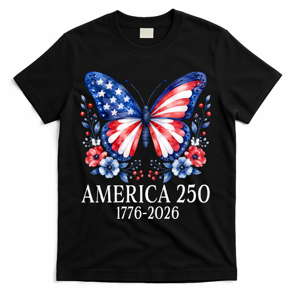 America 250 1776 -2026 Patriotic Flag Butterfly T-Shirt - Black