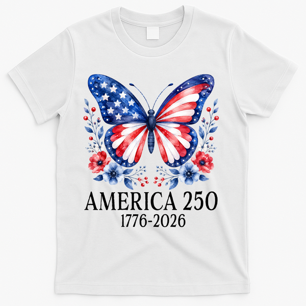 America 250 1776 -2026 Patriotic Flag Butterfly T-Shirt - White