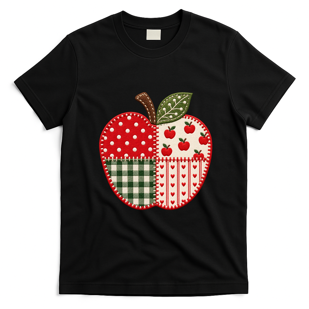 Apple Gingham Polka Dot Teacher Classroom Back To School T-Shirt - Black