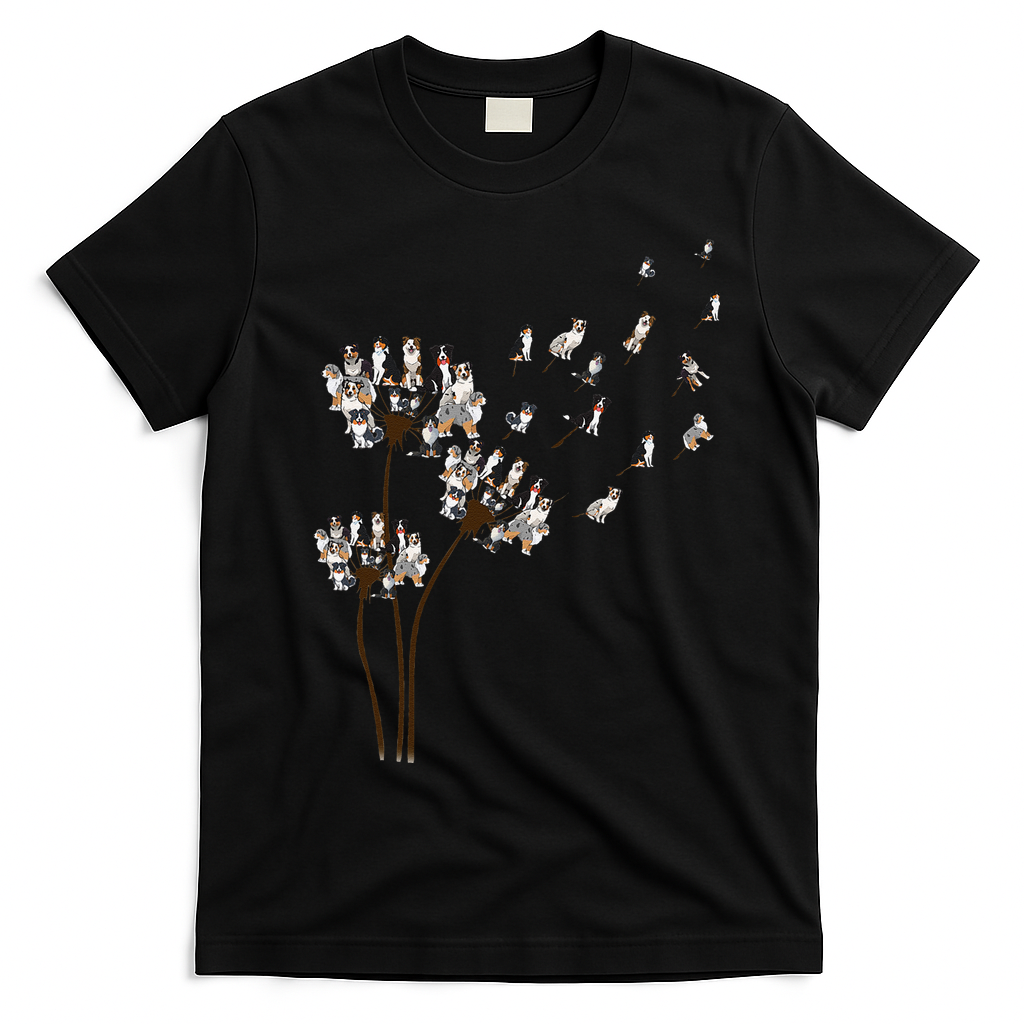 Australian Shepherd Flower Fly Dandelion Funny Dog Lovers T-Shirt - Black