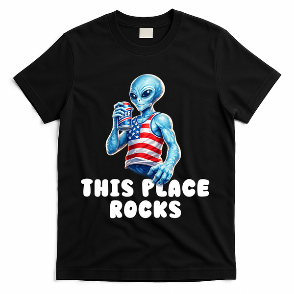 Alien This Place Rocks USA 4th Of July T-Shirt - Black
