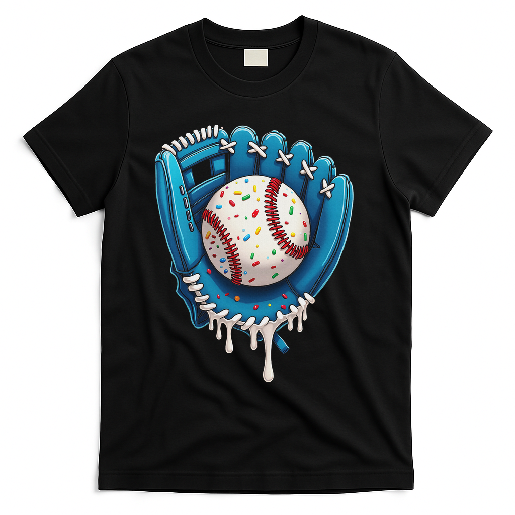 Baseball Drip Ice Cream Sprinkles Baseball Glove T-Shirt - Black