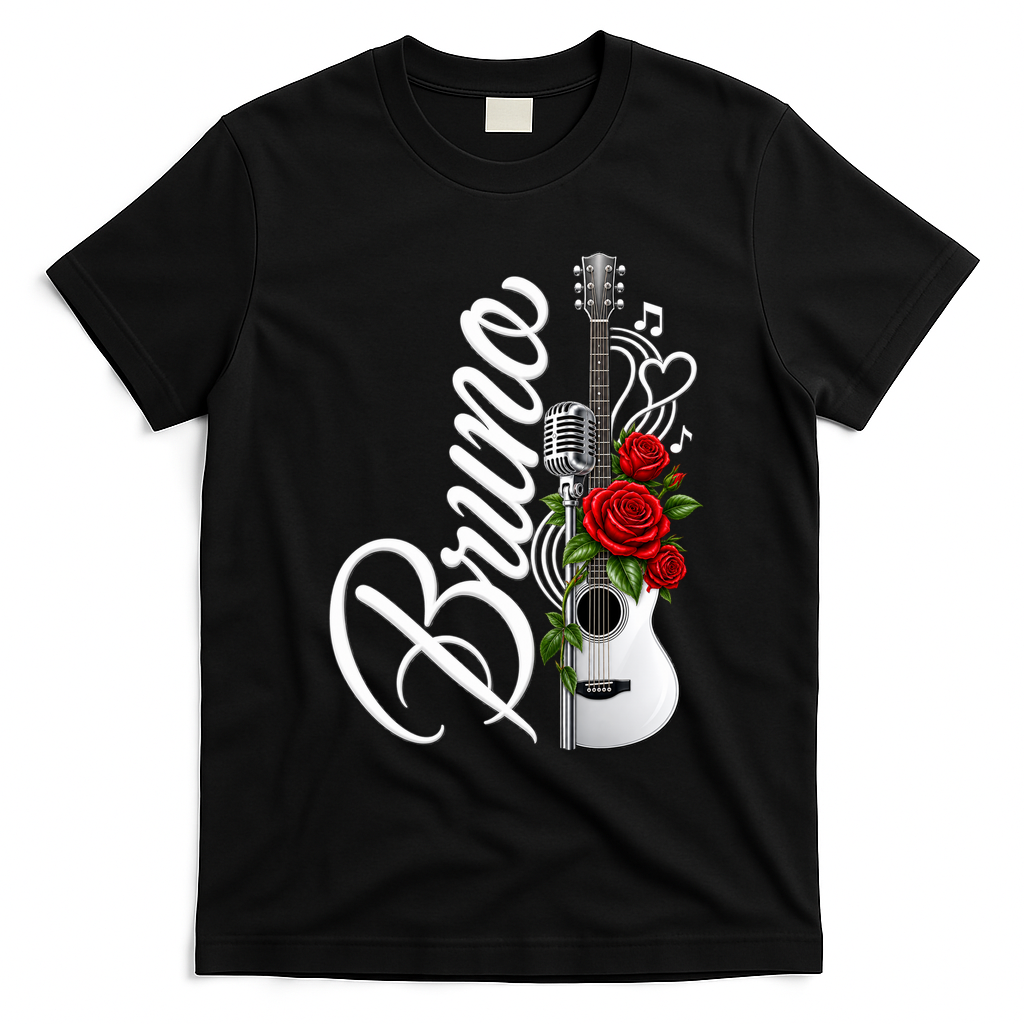 Bruno Guitar Red Roses Floral Music Concert T-Shirt - Black