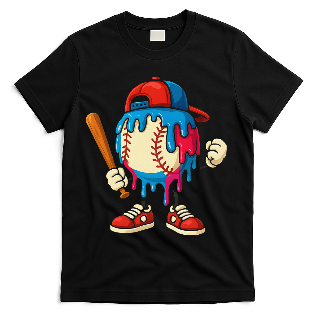Baseball Ice Cream Drip Sport Game Day Gift T-Shirt - Black