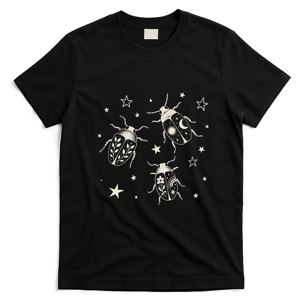 Beetle Illustration With Stars And Cosmic T-Shirt - Black