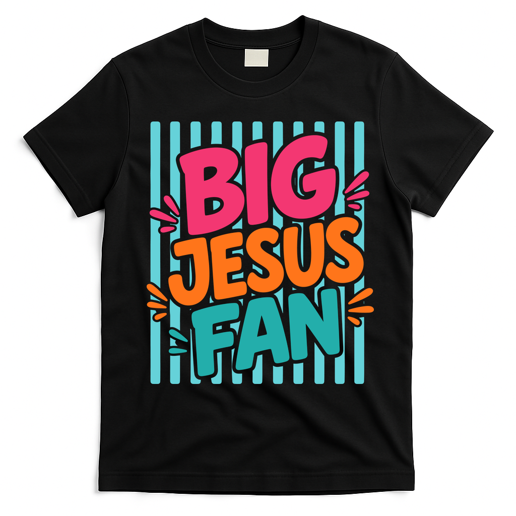 Big Jesus Fan Fun Retro Stripe Graphic Faith T-Shirt - Black