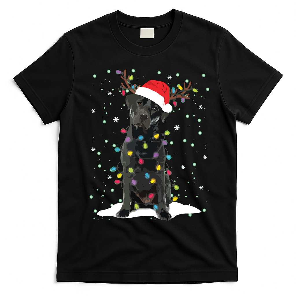 Black Lab Labrador Christmas Tree Light Pajama Dog Xmas T-Shirt - Black