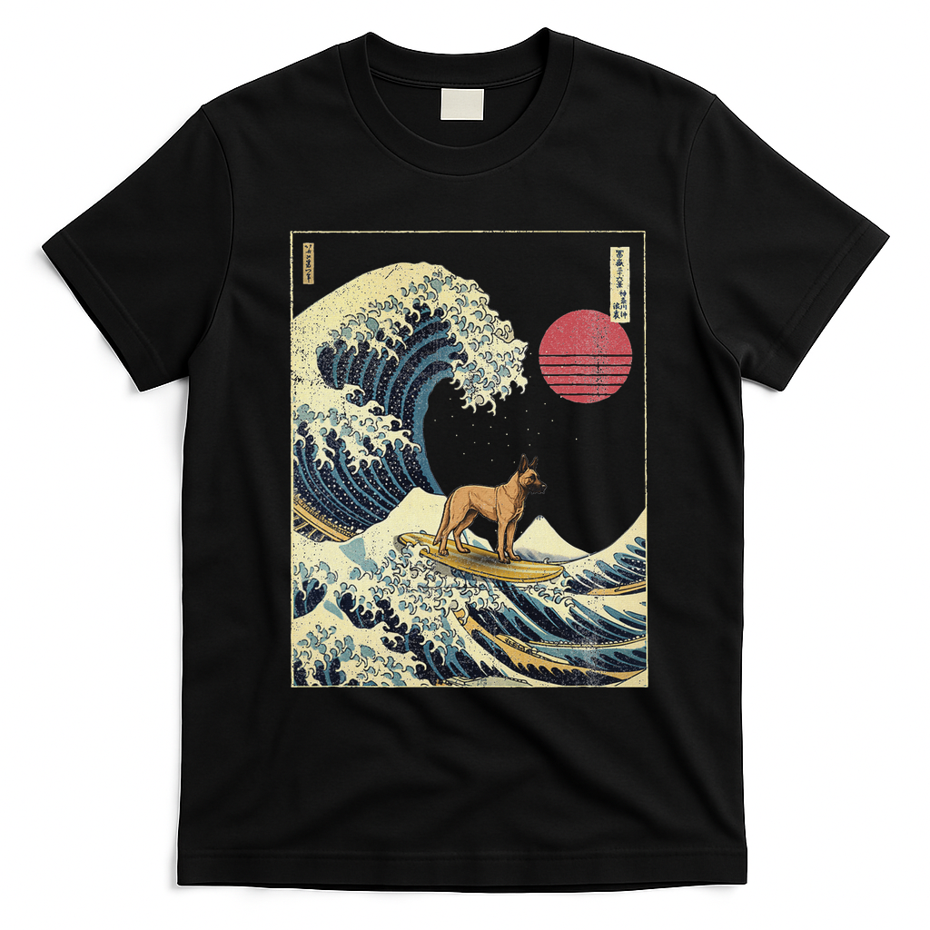 Belgian Malinois Japanese Kanagawa Wave Funny Surf Dog T-Shirt - Black