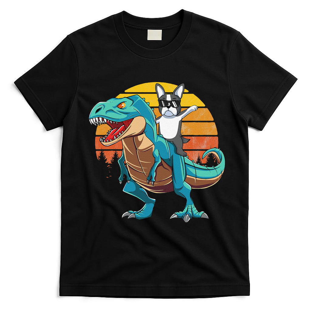 Boston Terrier Dog Riding Dinosaur T Rex T-Shirt - Black