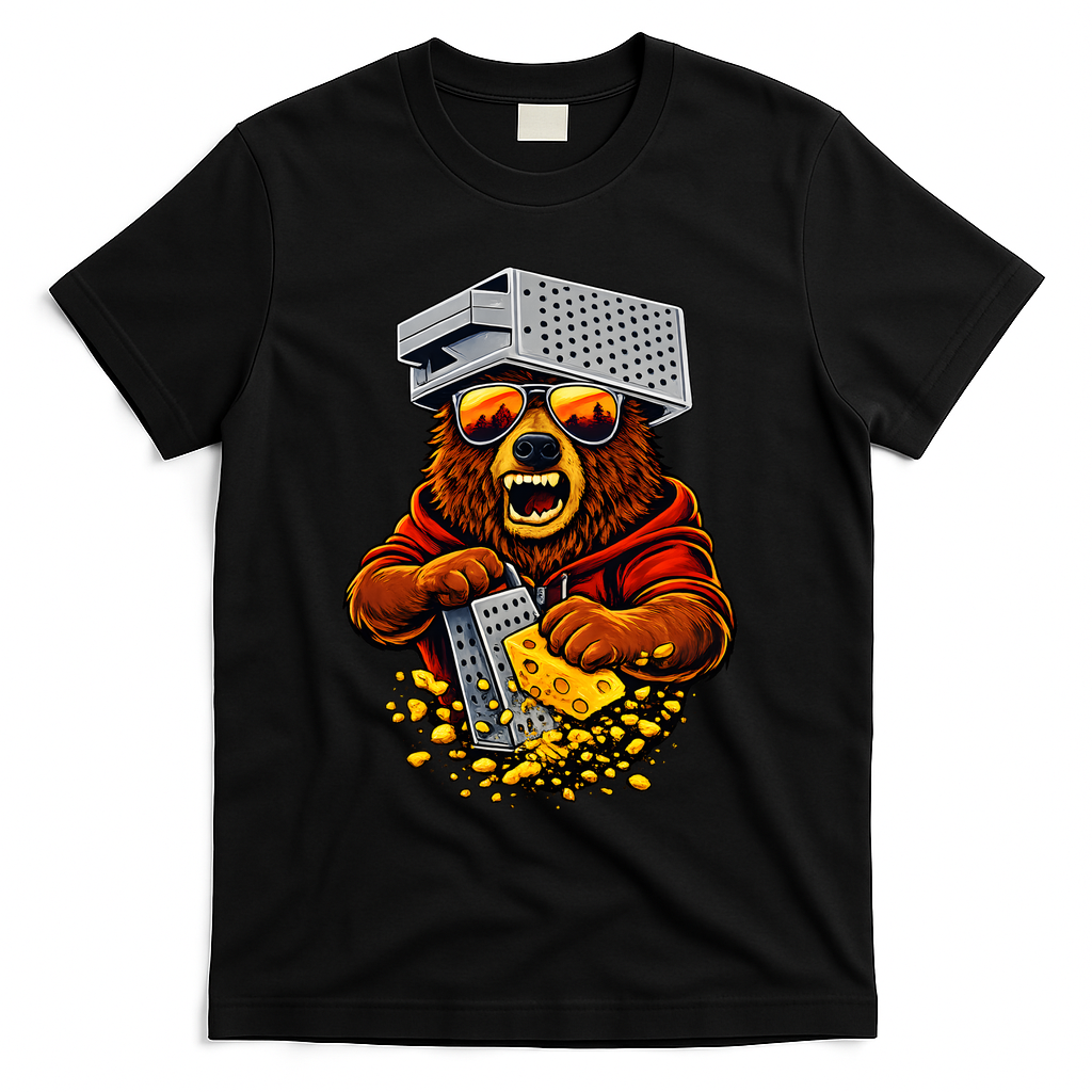Bear With Cheese Grater Hat And Sunglasses T-Shirt - Black