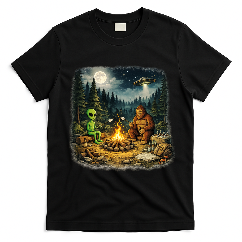 Camping Aliens Bigfoot UFO Campfire Adventure T-Shirt - Black
