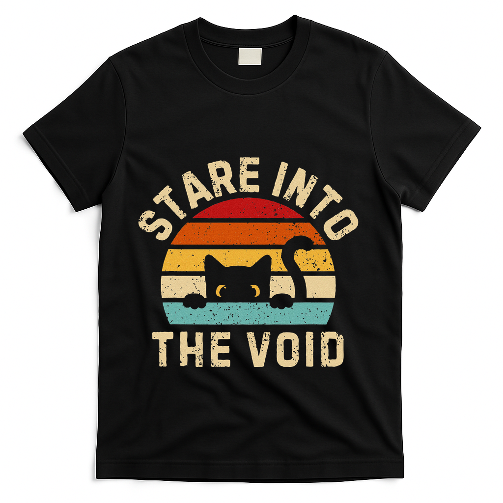 Cute Black Cat Stare Into The Void T-Shirt - Black