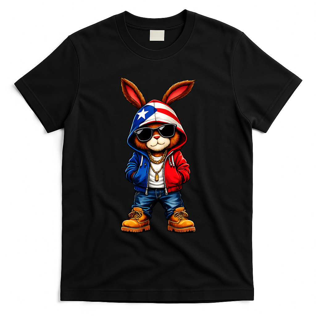 Cool Bunny Puerto Rican Flag Vibes Boricua T-Shirt - Black