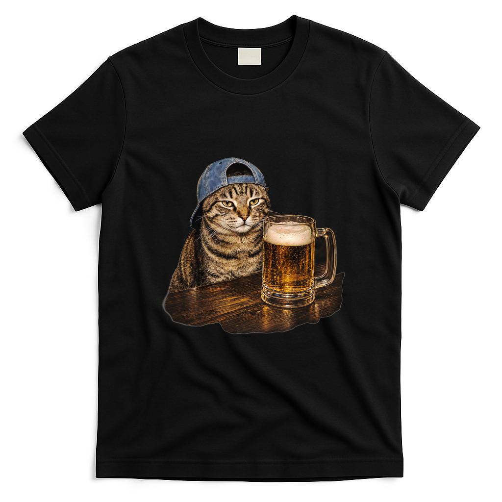 Cool Cat with Beer and Cap Fun Graphic T-Shirt - Black