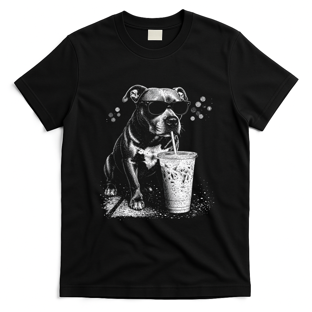 Cool Dog Sunglasses Drinking Ice Coffee Graphic T-Shirt - Black