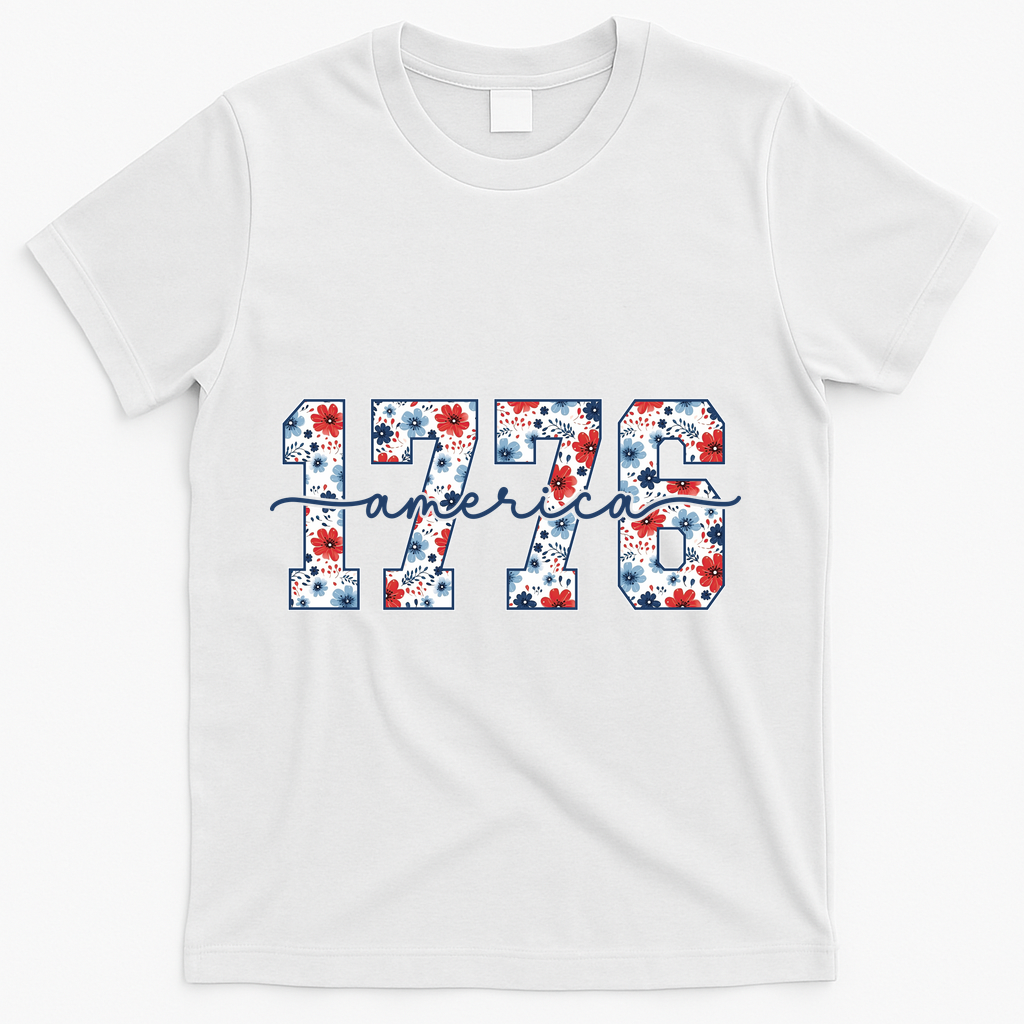Cute Floral Flower Varsity Style 1776 America USA T-Shirt - White