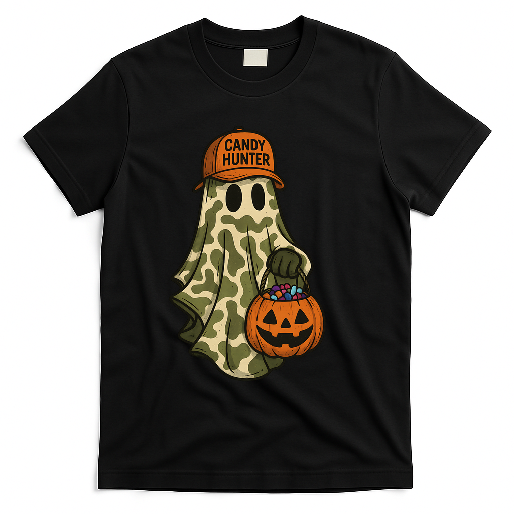 Camo Halloween Ghost Candy Hunter T-Shirt - Black
