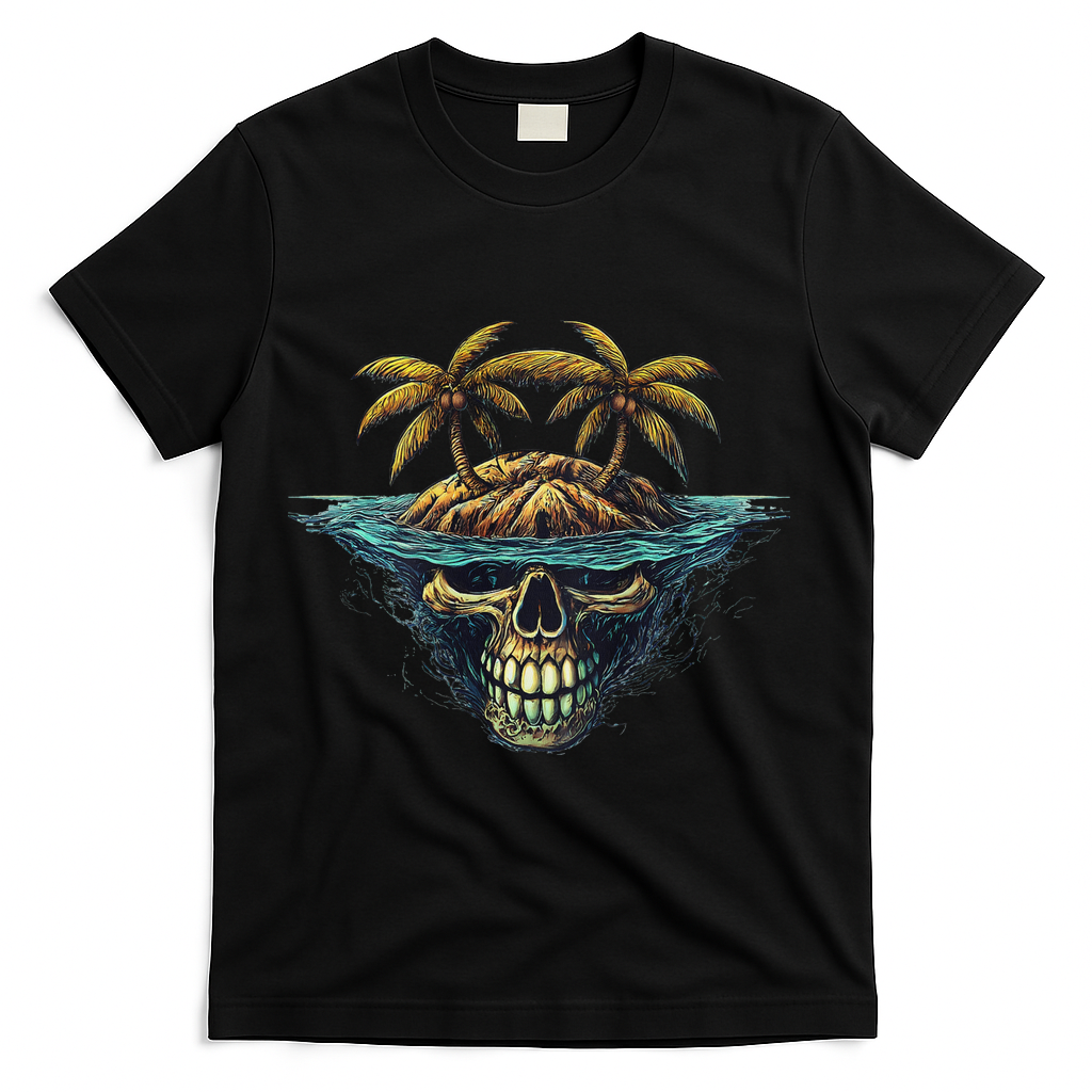 Cool Island Palm Trees Skull Beach Pirate Nautical T-Shirt - Black
