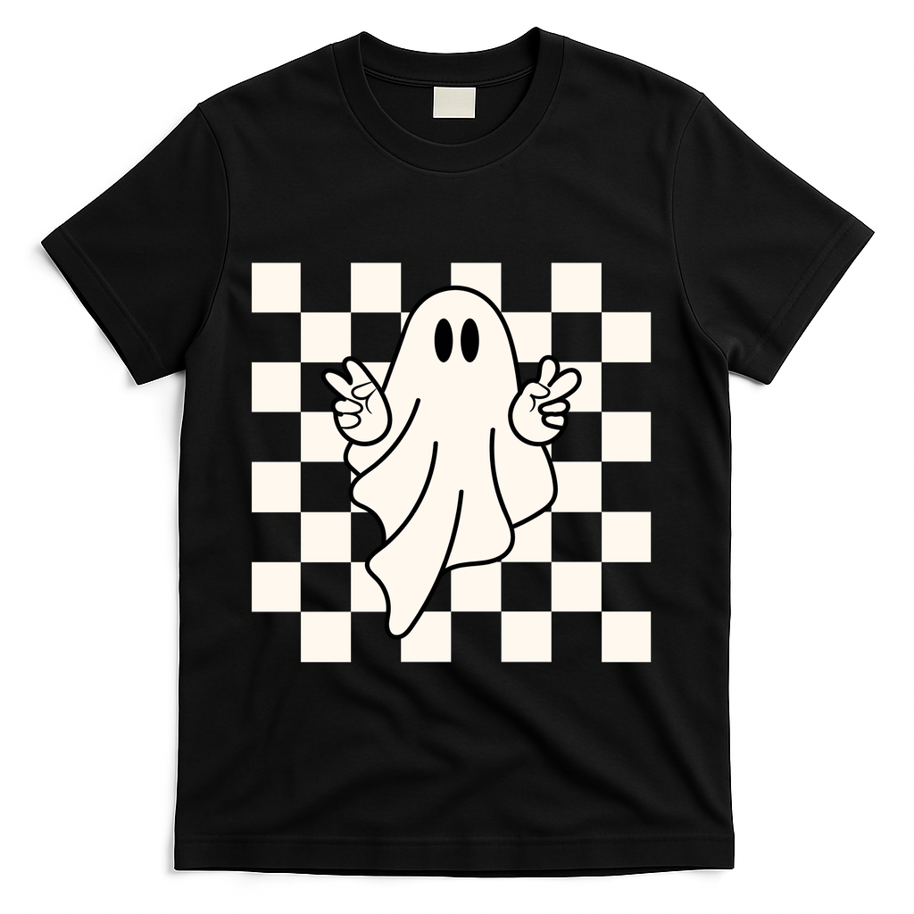 Cute Retro Ghost Peace Sign Halloween T-Shirt - Black