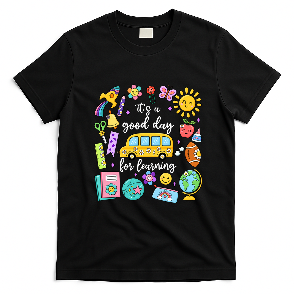 Cute School Bus Cartoon Illustration for Kids and Teachers T-Shirt - Black
