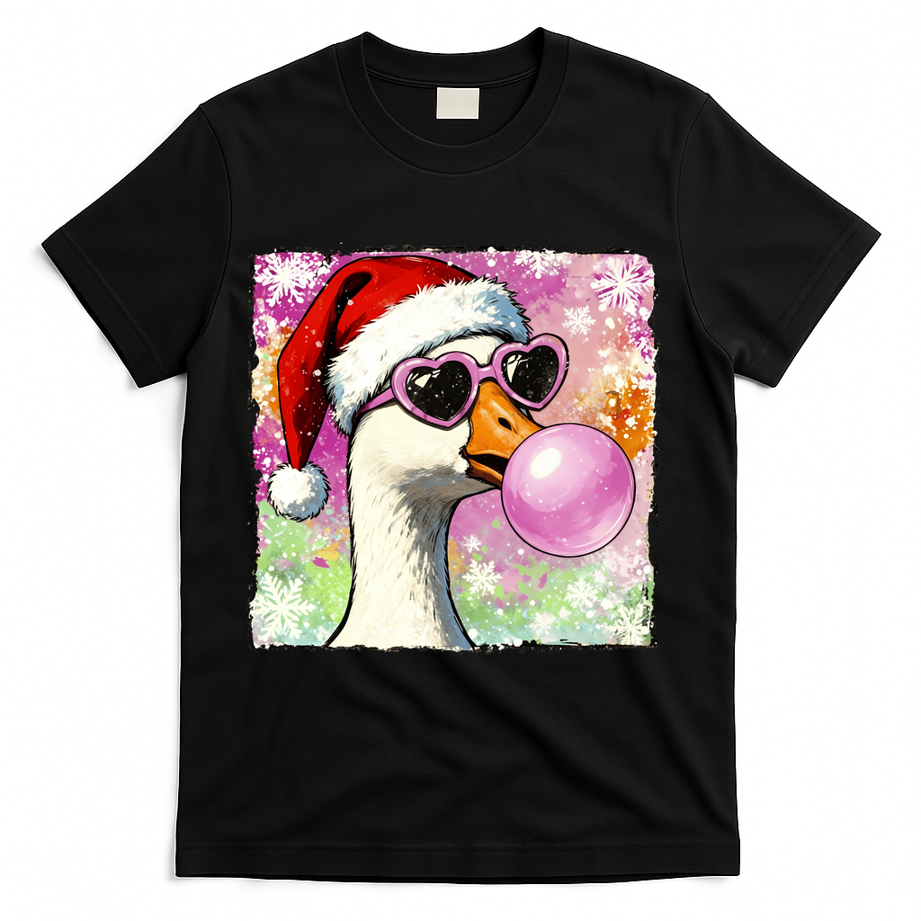 Cool Silly Goose Santa Christmas Bubble Gum T-Shirt - Black
