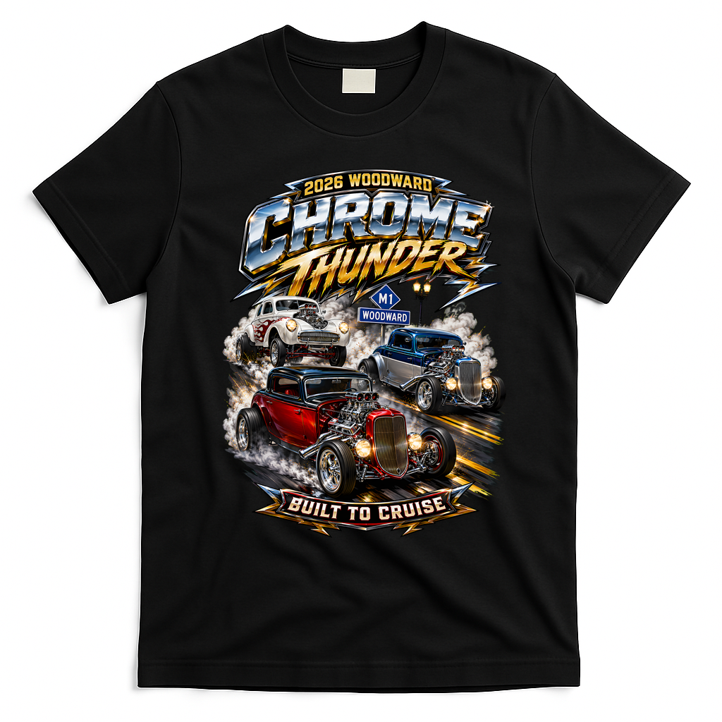 Chrome Thunder On Woodward Built To Cruise 2026 T-Shirt - Black