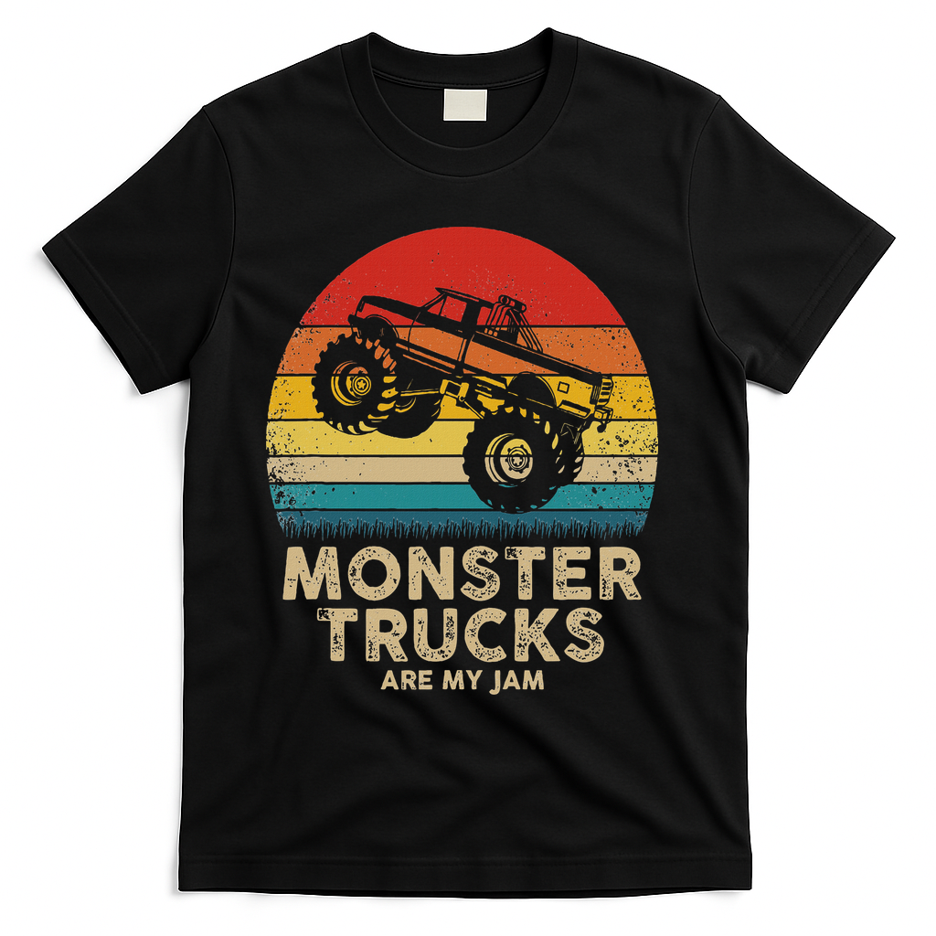 Cool Vintage Monster Truck Are My Jam Retro Sunset T-Shirt - Black