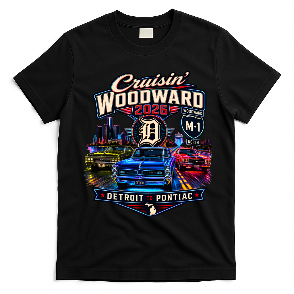 Cruisin’ Woodward Neon 2026 Detroit To Pontiac T-Shirt - Black