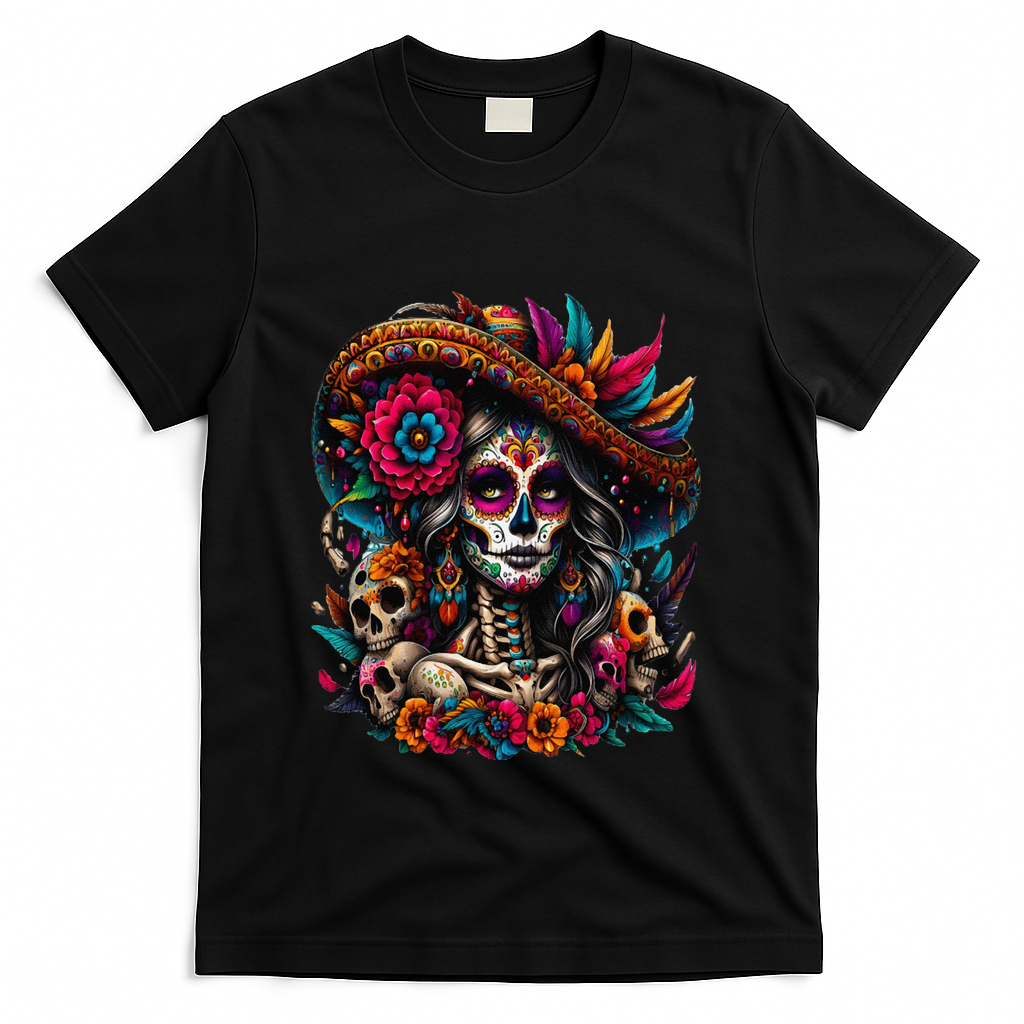De Los Muertos La Catrina Day Of The Dead Sugar Skull Women T-Shirt - Black