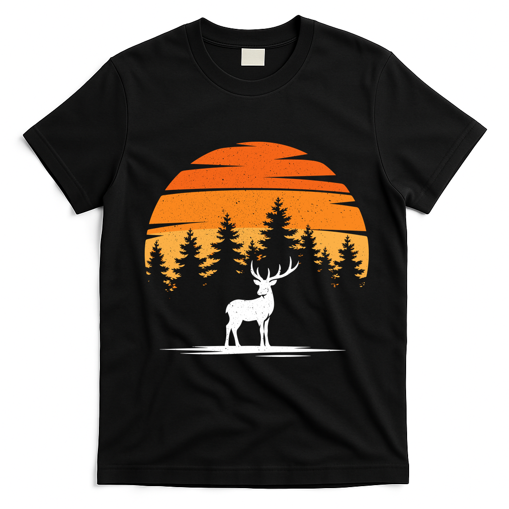 Deer Sunset Mountain Scene Vintage Outdoor Retro T-Shirt - Black