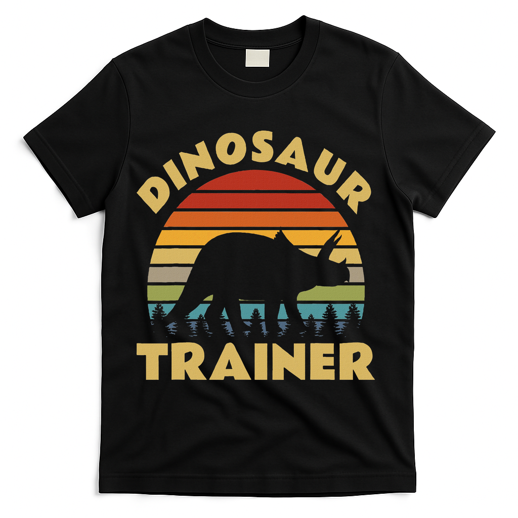 Dinosaur Trainer Halloween Costume Retro Sunset Dino Outline T-Shirt - Black