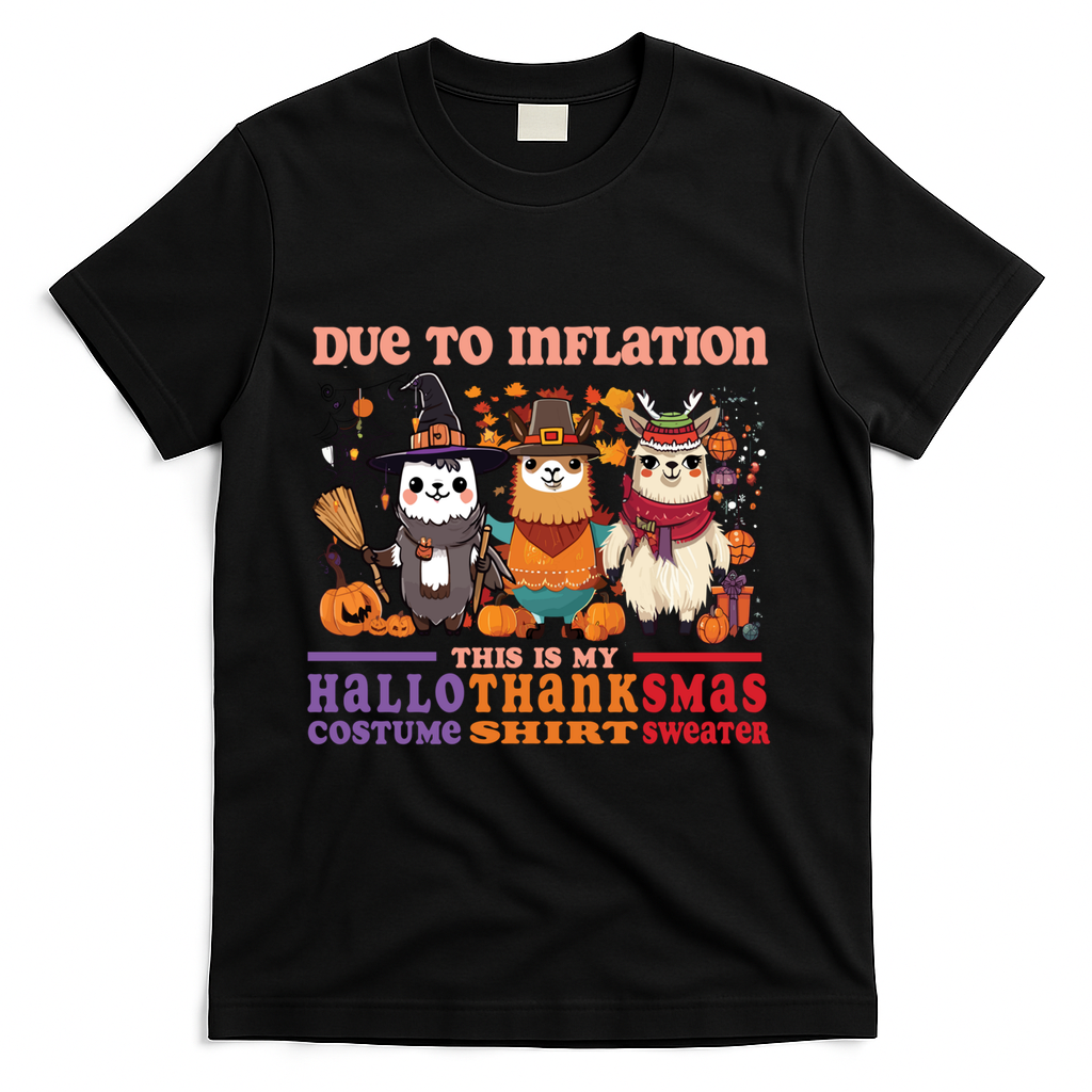 Due To Inflation Halloween Thanksgiving Ugly Christmas Llama Gift T-Shirt - Black