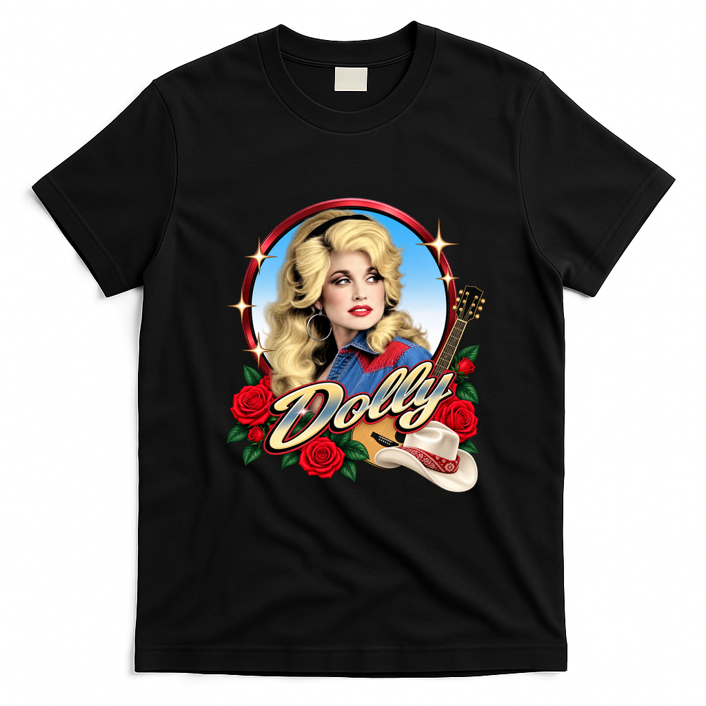 Dolly Western Country Music Floral Tribute Memorial T-Shirt - Black