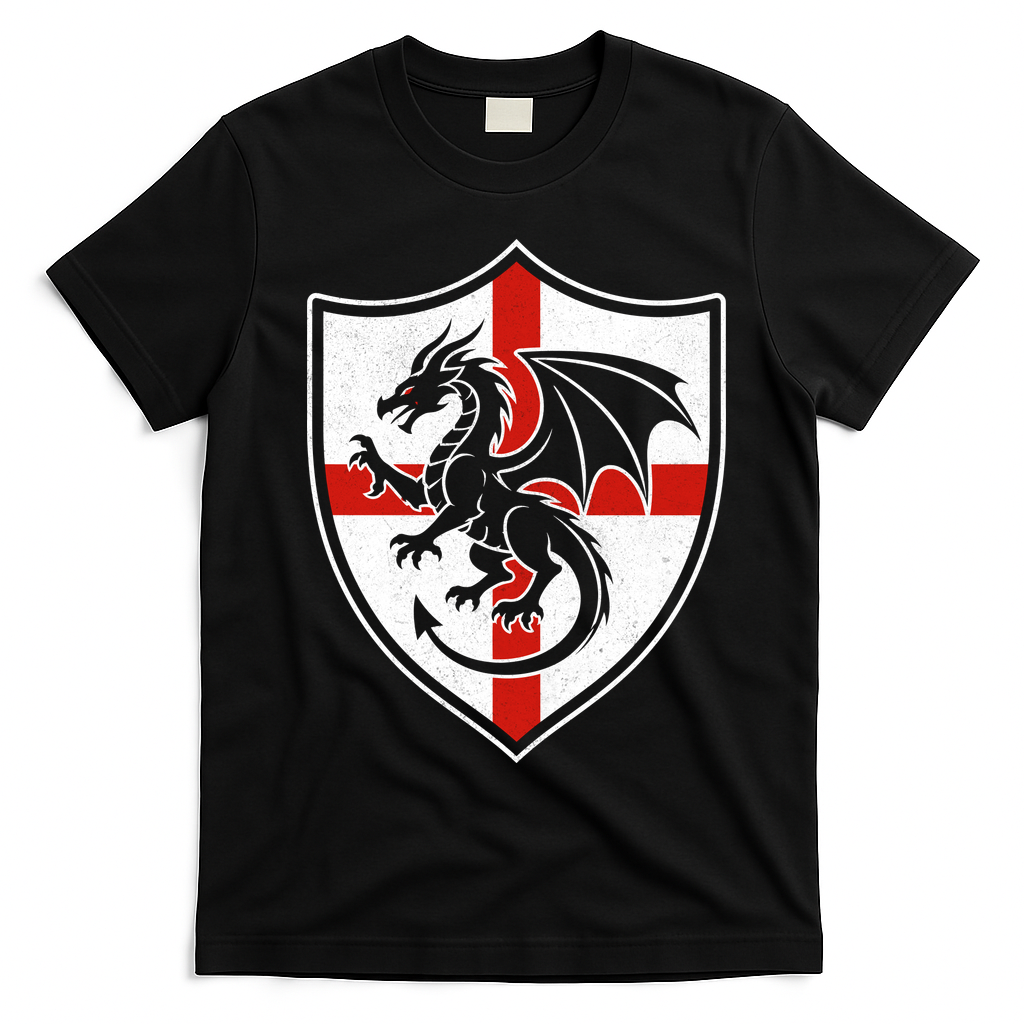 England Dragon Crest Shield Red Cross Emblem T-Shirt - Black